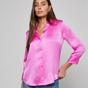 L'AGENCE Dani Silk Button Down Blouse 3/4 Sleeve XS Pink Fuchsia NWT